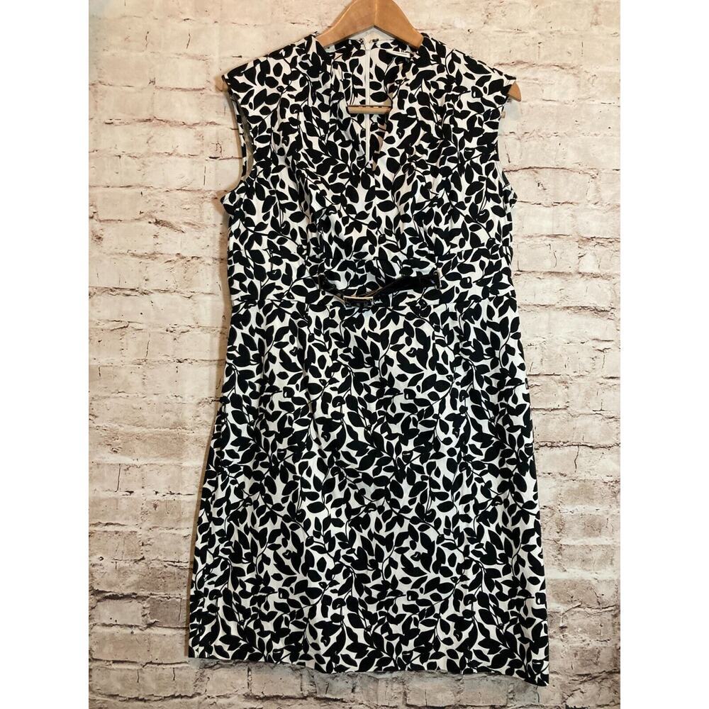 Cato Dress Womens 14 Sheath Black & White Floral Belted Sleeveless V Neck Cotton
